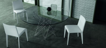 Round Octa table with glass top and chrome base.